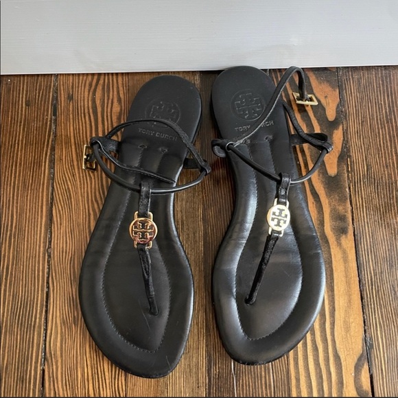 Tory Burch Shoes - Tory Burch Signature Logo Black Leather Sandal